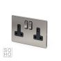 The Lombard Collection Brushed Chrome Luxury 2 Gang Double Pole Socket Black Insert 13A