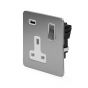 The Lombard Collection Flat Plate Brushed Chrome 13A 1 Gang DP USB Switched Socket (USB Output 2.1amp) Wht Ins Screwless