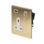 The Savoy Collection Brushed Brass 13A 1 Gang DP USB Switched Socket (USB Output 2.1amp) Wht Ins Screwless