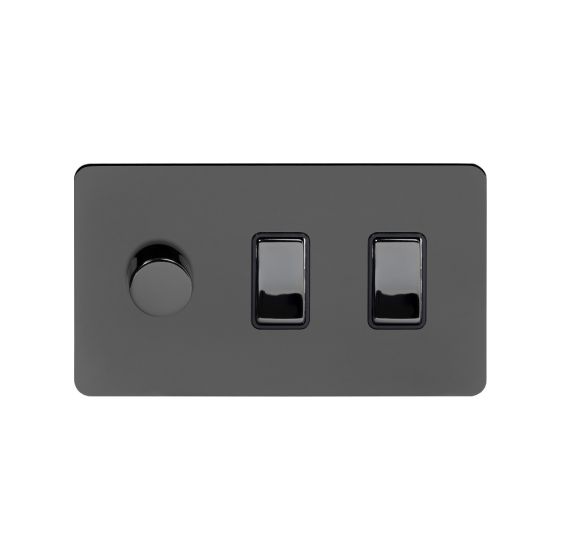 The Connaught Collection Black Nickel Flat Plate 3 Gang Light Switch with 1 Dimmer (2x2 Way Light Switch with 1x Trailing Edge Dimmer) Screwless