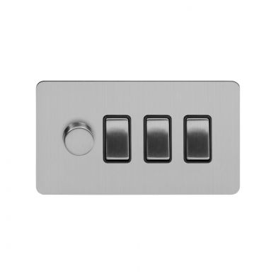 Soho Lighting Brushed Chrome Flat Plate 4 Gang Switch with 1 Dimmer (1x150W LED Dimmer 3x20A Switch)