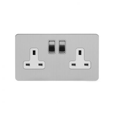 Soho Lighting Brushed Chrome Flat Plate 13A 2 Gang Switched Socket Double Pole Wht Ins Screwless
