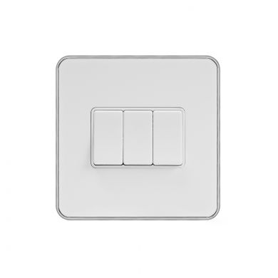 Soho Lighting White Metal Plate with Chrome Edge 10A 3 Gang 2 Way Switch Wht Ins Screwless