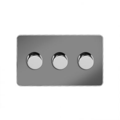 Soho Fusion Black Nickel & Polished Chrome With Chrome Edge 250W 3 Gang 2 Way Trailing Dimmer White Inserts Screwless