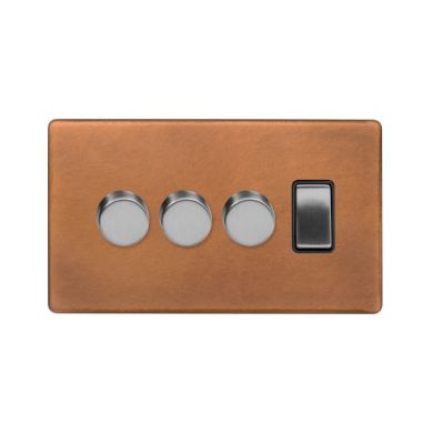 Soho Fusion Antique Copper & Brushed Chrome 4 Gang Switch with 3 Dimmers (3x150W LED Dimmer 1x20A Switch)