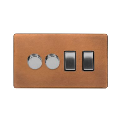 Soho Fusion Antique Copper & Brushed Chrome 4 Gang Switch with 2 Dimmers (2x150W LED Dimmer 2x20A Switch)
