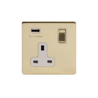 Soho Lighting Brushed Brass 13A 1 Gang DP USB Switched Socket (USB Output 2.1amp) Wht Ins Screwless