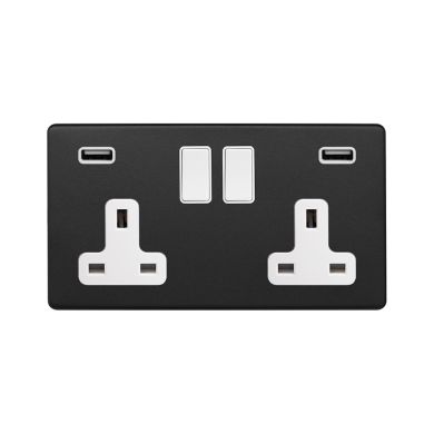 Soho Fusion Matt Black & White 13A 2 Gang DP USB Socket (USB 4.8amp) Screwless