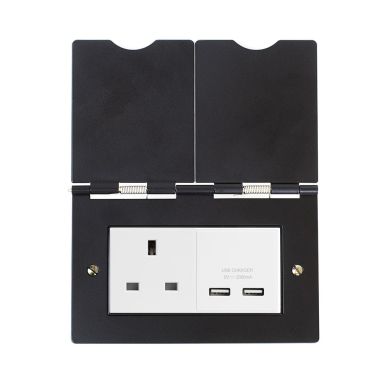 The Camden Collection Matt Black & White Screwless Double Floor Outlet 13Amp Socket & USB Charger