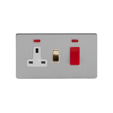 Soho Fusion Brushed Chrome & Brushed Brass 45A Cooker Control Unit & Neon White Inserts Screwless