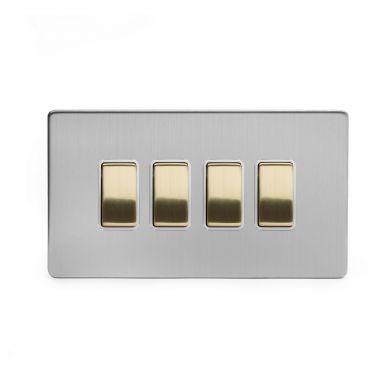 Soho Fusion Brushed Chrome & Brushed Brass 10A 4 Gang Intermediate Switch White Inserts Screwless