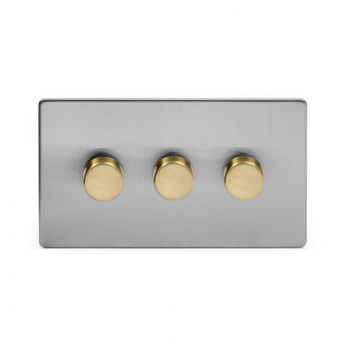 Soho Fusion Brushed Chrome & Brushed Brass 250W 3 Gang 2 Way Trailing Dimmer White Inserts Screwless
