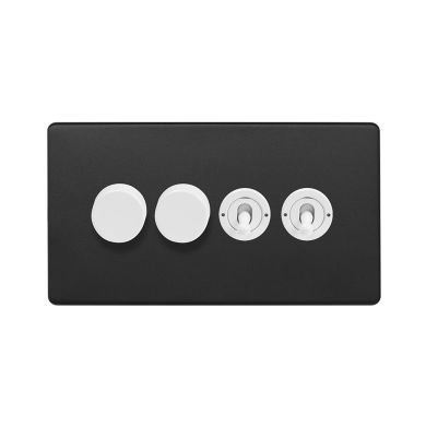 Soho Fusion Matt Black & White 4 Gang Switch with 2 Dimmers (2x150W LED Dimmer 2x20A 2 Way Toggle)