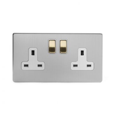 Soho Fusion Brushed Chrome & Brushed Brass 13A 2 Gang Switched Socket, DP White Inserts Screwless