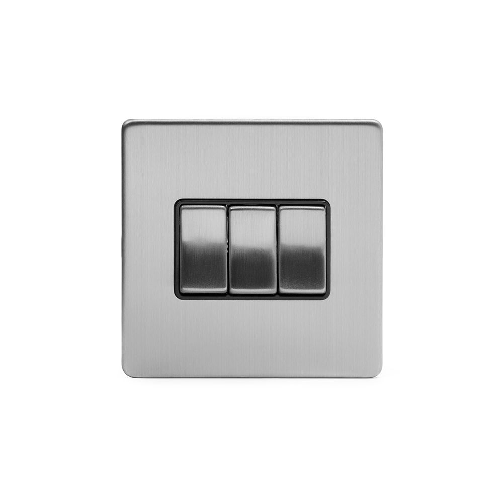 The Lombard Collection Brushed Chrome Luxury 10a 3 Gang 2 Way Switch With Black Insert