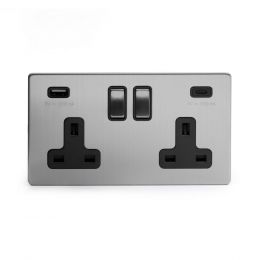 The Lombard Collection Brushed Chrome 2 Gang USB C Socket (13A Socket + 2 USB Ports A+C 3.1A) Blk Ins Screwless