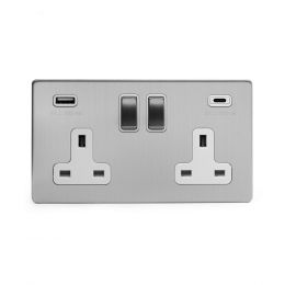 The Lombard Collection Brushed Chrome 2 Gang USB C Socket (13A Socket + 2 USB Ports A+C 3.1A) Wht Ins Screwless