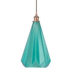 Atlantic Soft Sea Green Geo Diamond Pendant Light with Copper Bulb Holder and Brown Twisted Cable