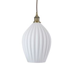 Pacific Surf White Fluted Drop Pendant Light with Matt Antique Brass Bulb Holder and Brown Twisted Cable