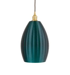 Caspian Emerald Sea Green Fluted Oval Pendant Light with Polished Brass Bulb Holder and Brown Twisted Cable