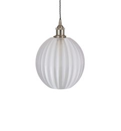Baltic Clear Water Fluted Globe Pendant Light with Brushed Chrome Bulb Holder and Grey Twisted Cable