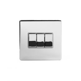 Polished Chrome metal plate, White Insert, 3 Gang Intermediate switch