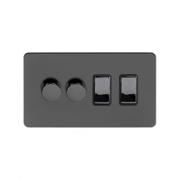 Soho Lighting Black Nickel Flat Plate 4 Gang Switch with 2 Dimmers (2x150W LED Dimmer 2x20A Switch)