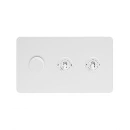 The Eldon Collection White Metal Flat Plate 3 Gang Switch with 1 Dimmer (1x150W LED Dimmer 2x20A 2 Way Toggle)