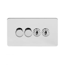 Soho Lighting Polished Chrome Flat Plate 4 Gang Switch with 2 Dimmers (2x150W LED Dimmer 2x20A 2 Way Toggle)
