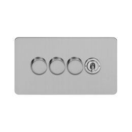 Soho Lighting Brushed Chrome Flat Plate 4 Gang Switch with 3 Dimmers (3x150W LED Dimmer 1x20A 2 Way Toggle)