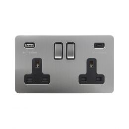 The Lombard Collection Brushed Chrome Flat Plate 2 Gang USB A+C Socket (13A Socket + 2 USB Ports A+C 3.1A)