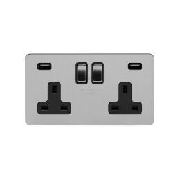 Soho Lighting Brushed Chrome Flat Plate 13A 2 Gang DP USB Switched Socket (USB Output 4.8amp) Blk Ins Screwless