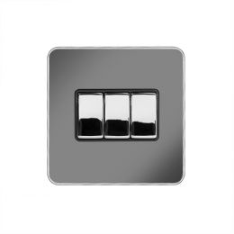 Soho Fusion Black Nickel & Polished Chrome With Chrome Edge 10A 3 Gang 2 Way Switch Black Insert Screwless