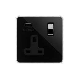 Soho Fusion Black Nickel & Polished Chrome With Chrome Edge 13A 1 Gang DP USB Socket (USB 2.1amp) Black Insert Screwless