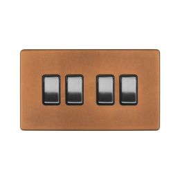 Soho Fusion Antique Copper & Brushed Chrome 10A 4 Gang 2 Way Switch Black Insert Screwless