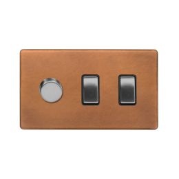 Soho Fusion Antique Copper & Brushed Chrome 3 Gang Light Switch with 1 dimmer (2x 2 Way Switch & Trailing Dimmer) Blk Ins Screwless