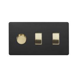 Soho Fusion Matt Black & Brushed Brass 3 Gang Light Switch with 1 dimmer (2x 2 Way Switch & Trailing Dimmer) Blk Ins Screwless