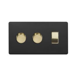 Soho Fusion Matt Black & Brushed Brass 3 Gang Light Switch with 2 Dimmers (2 Way Switch & 2x Trailing Dimmer) Screwless