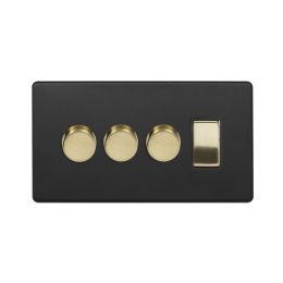 Soho Fusion Matt Black & Brushed Brass 4 Gang Switch with 3 Dimmers (3x150W LED Dimmer 1x20A Switch)