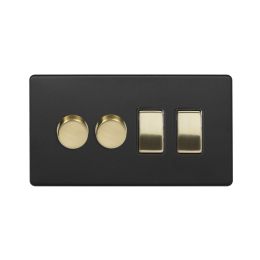 Soho Fusion Matt Black & Brushed Brass 4 Gang Switch with 2 Dimmers (2x150W LED Dimmer 2x20A Switch)
