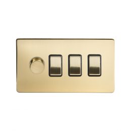 Soho Lighting Brushed Brass 4 Gang Switch with 1 Dimmer (1x150W LED Dimmer 3x20A Switch)