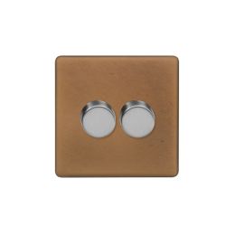 Soho Fusion Antique Copper & Brushed Chrome 2 Gang 2 Way Trailing Dimmer Screwless 100W LED (250w Halogen/Incandescent)