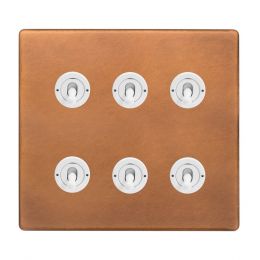 Soho Fusion Antique Copper & White 6 Gang Toggle Light Switch 20A 2 Way Screwless