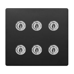 Soho Fusion Matt Black & Brushed Chrome 6 Gang Toggle Light Switch 20A 2 Way Screwless