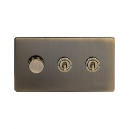 Soho Lighting Antique Brass 3 Gang Switch with 1 Dimmer (1x150W LED Dimmer 2x20A 2 Way Toggle)