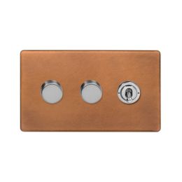 Soho Fusion Antique Copper & Brushed Chrome 3 Gang Switch with 2 Dimmers (2x150W LED Dimmer 1x20A 2 Way Toggle)
