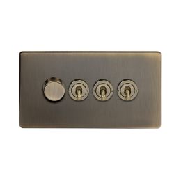 Soho Lighting Antique Brass 4 Gang Switch with 1 Dimmer (1x150W LED Dimmer 3x20A 2 Way Toggle)