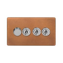 Soho Fusion Antique Copper & Brushed Chrome 4 Gang Switch with 1 Dimmer (1x150W LED Dimmer 3x20A 2 Way Toggle)