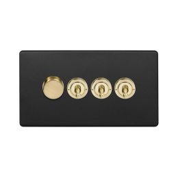 Soho Fusion Matt Black & Brushed Brass 4 Gang Switch with 1 Dimmer (1x150W LED Dimmer 3x20A 2 Way Toggle)