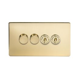 Soho Lighting Brushed Brass 4 Gang Switch with 2 Dimmers (2x150W LED Dimmer 2x20A 2 Way Toggle)